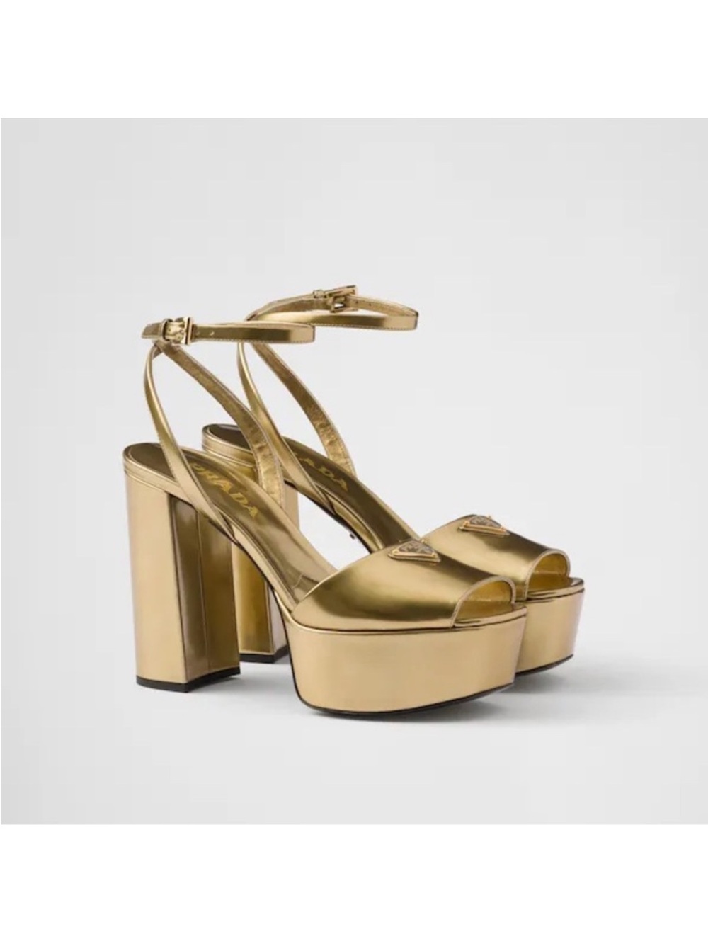Prada Gold Metallic Platform Ankle-Strap Heels